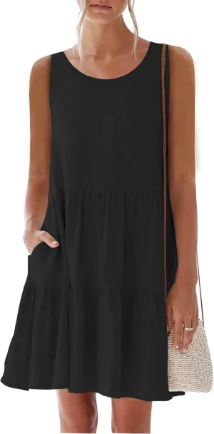 nclook Womens Summer Casual Dresses Sweet Cute Crewneck Sleeveless Dress with Pockets