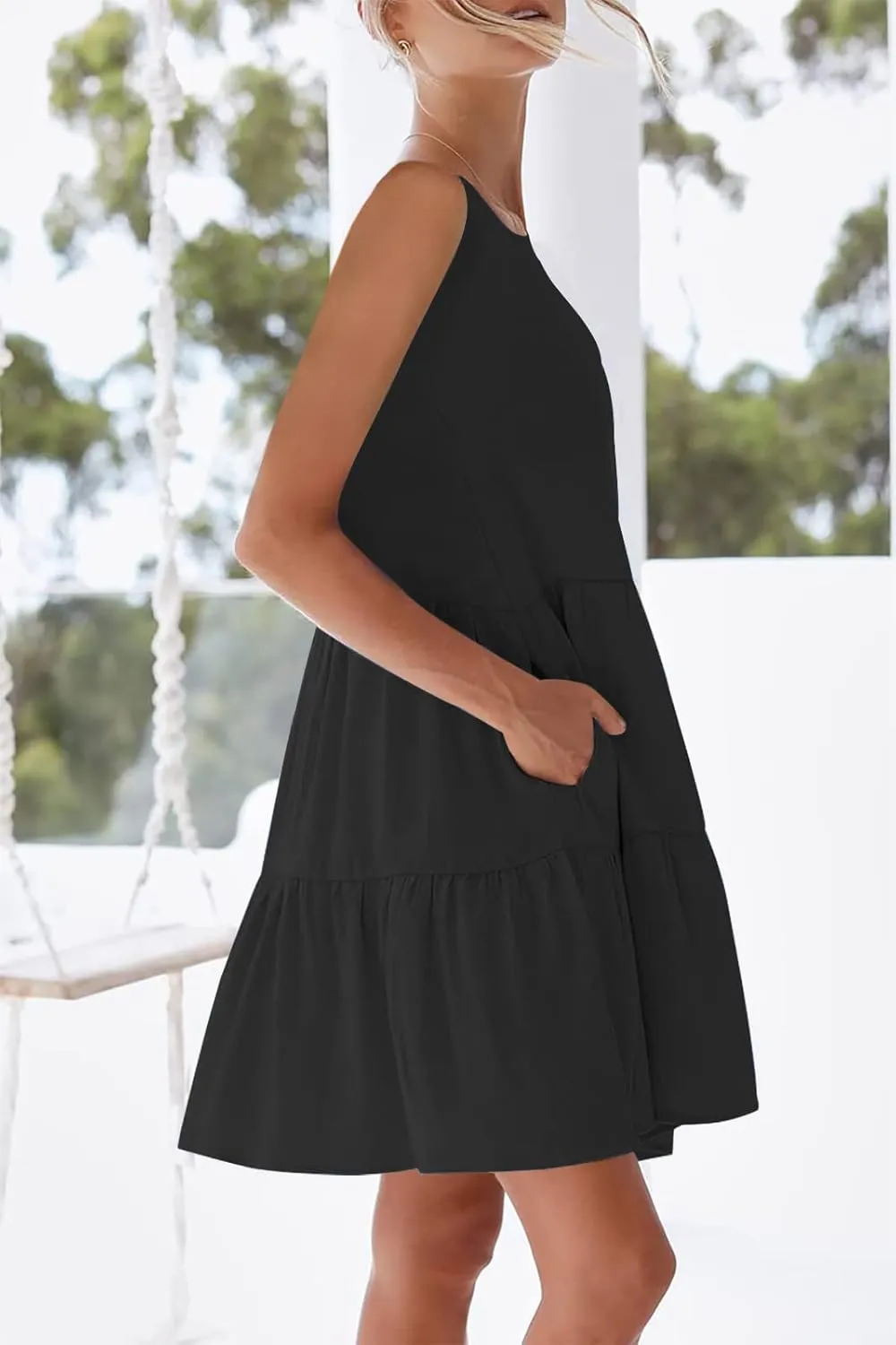 nclook Womens Summer Casual Dresses Sweet Cute Crewneck Sleeveless Dress with Pockets