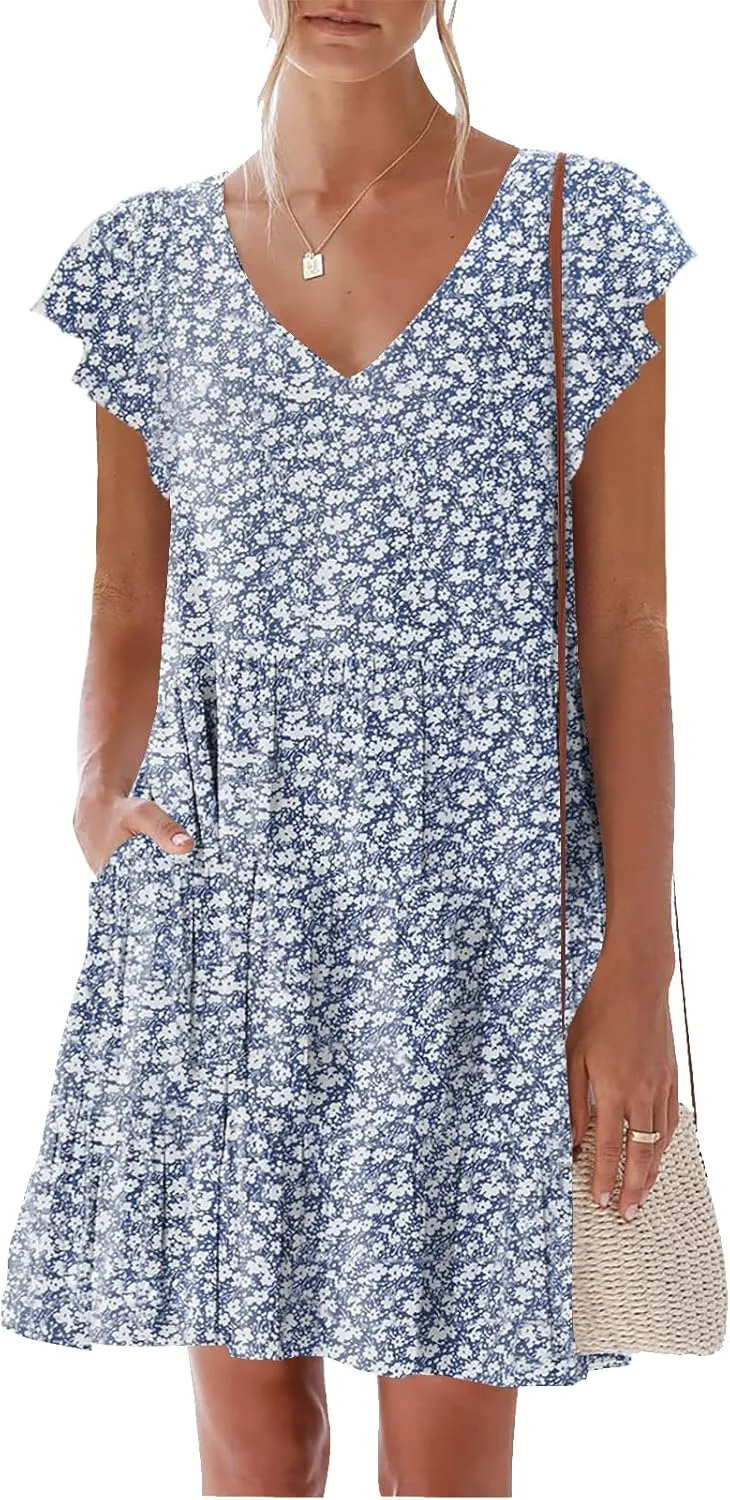 nclook Womens Summer Casual Dresses Sweet Cute V Neck Mini Dress with Pockets Ruffle Short Sleeve