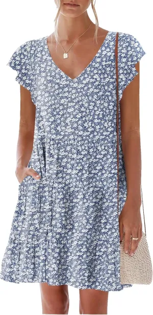 nclook Womens Summer Casual Dresses Sweet Cute V Neck Mini Dress with Pockets Ruffle Short Sleeve