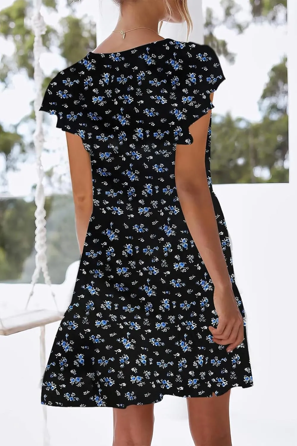 nclook Womens Summer Casual Dresses Sweet Cute V Neck Mini Dress with Pockets Ruffle Short Sleeve