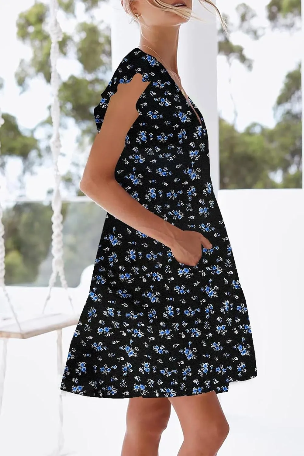 nclook Womens Summer Casual Dresses Sweet Cute V Neck Mini Dress with Pockets Ruffle Short Sleeve