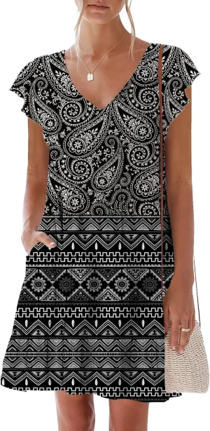 nclook Womens Summer Casual Dresses Sweet Cute V Neck Mini Dress with Pockets Ruffle Short Sleeve