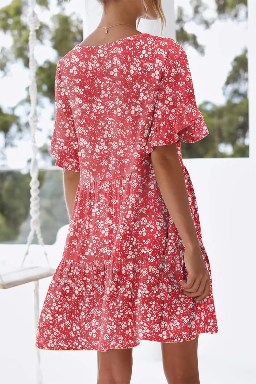 nclook Womens Summer Casual Dresses Sweet Cute V Neck Mini Dress with Pockets Ruffle Short Sleeve