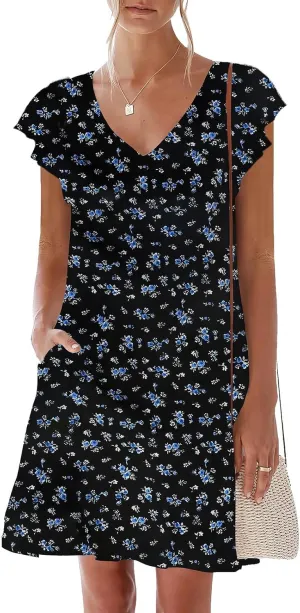 nclook Womens Summer Casual Dresses Sweet Cute V Neck Mini Dress with Pockets Ruffle Short Sleeve