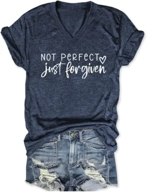 Not Perfect Just Forgiven Shirt for Women Christian V Neck T Shirts Religious Faith Graphic Short Sleeve Tee Tops