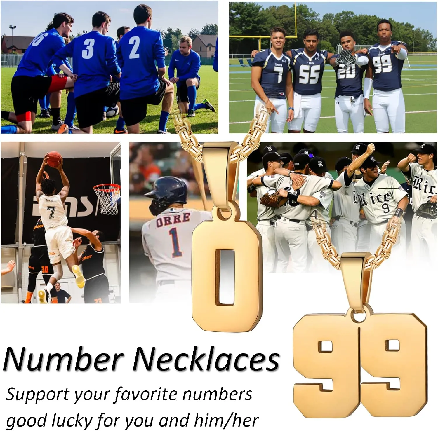 Number Necklaces Personalized Necklaces 18K Gold Plated Initial Number Pendant Stainless Steel Chain Sports Necklaces for Men Women