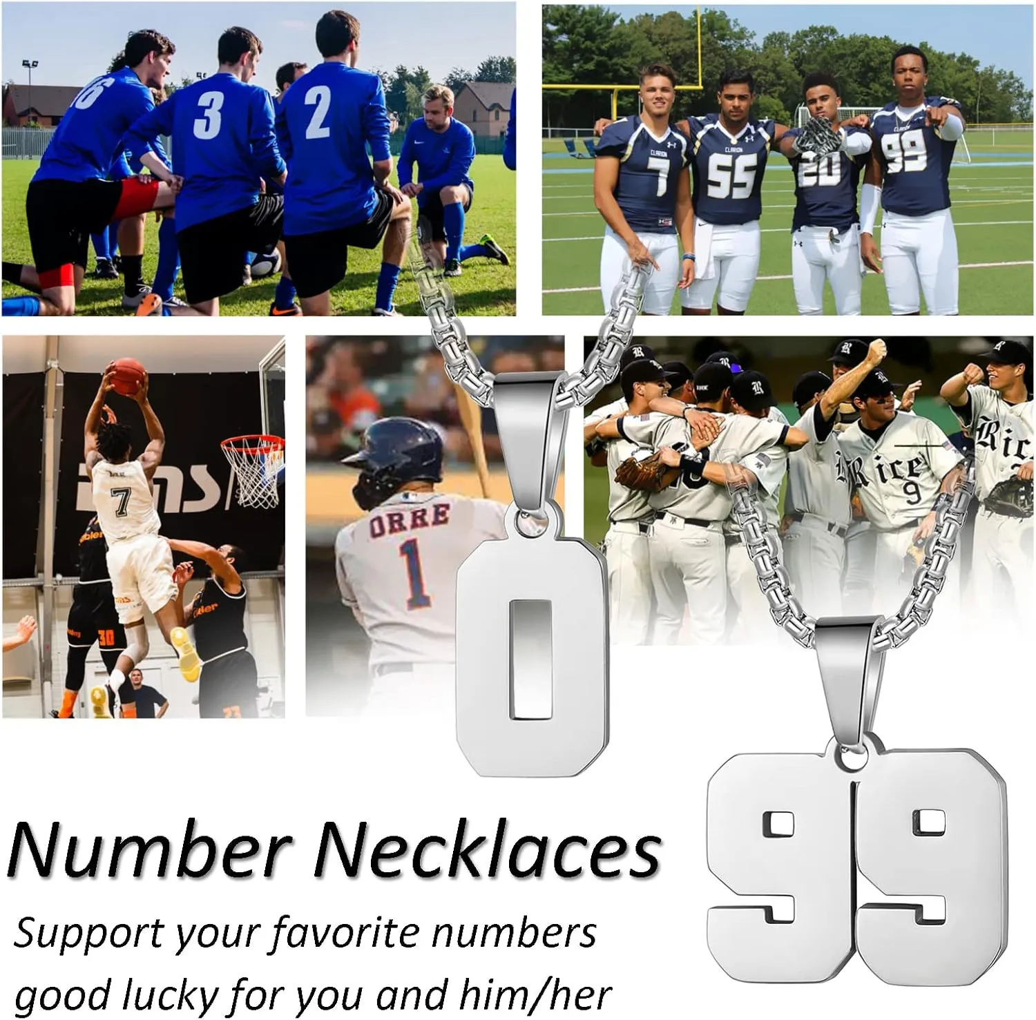 Number Necklaces Personalized Necklaces 18K Gold Plated Initial Number Pendant Stainless Steel Chain Sports Necklaces for Men Women