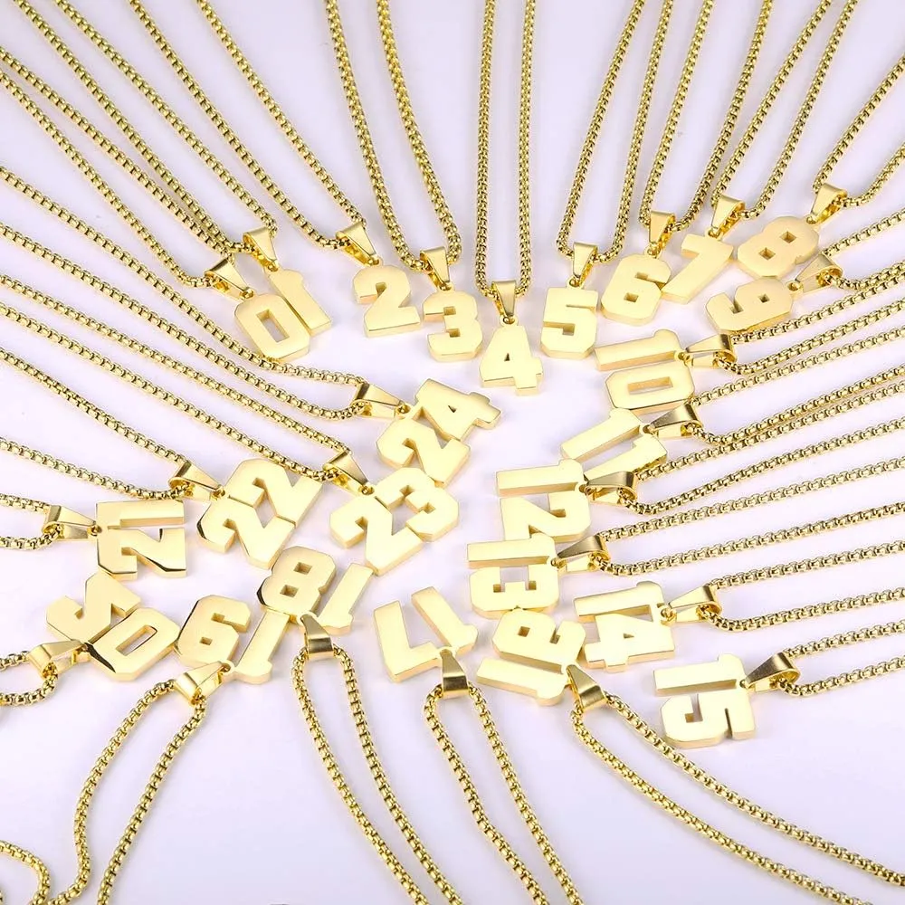 Number Necklaces Personalized Necklaces 18K Gold Plated Initial Number Pendant Stainless Steel Chain Sports Necklaces for Men Women