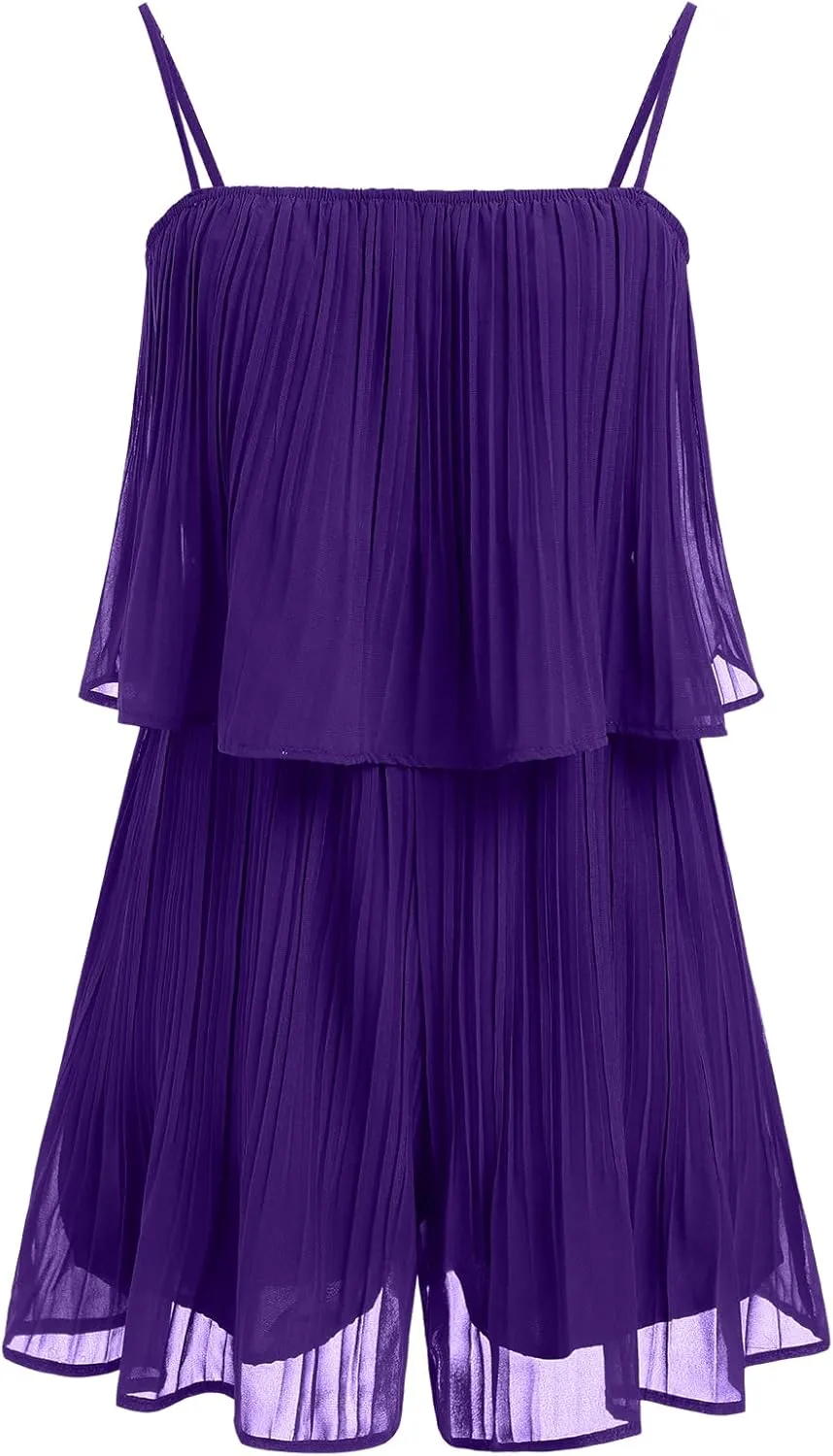 ODIZLI Women's Summer Sleeveless Spaghetti Straps Wide Leg Pleated Jumpsuit One Piece Short Romper