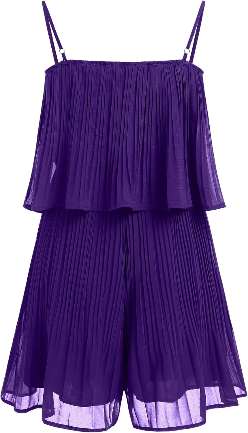 ODIZLI Women's Summer Sleeveless Spaghetti Straps Wide Leg Pleated Jumpsuit One Piece Short Romper