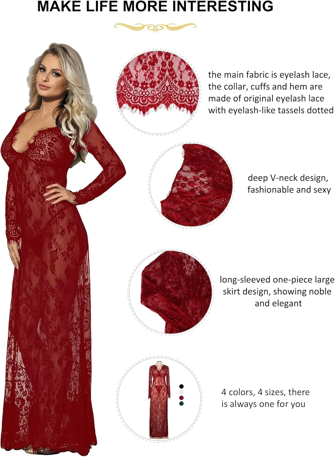 ohyeah Plus Size Long Gown Lingerie Floral Lace Nightgown Lace Maxi Maternity Dress Big Size Long Sleeve Chemise