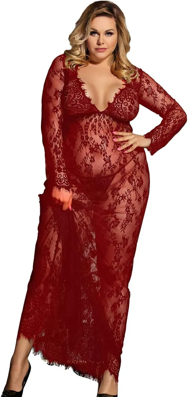 ohyeah Plus Size Long Gown Lingerie Floral Lace Nightgown Lace Maxi Maternity Dress Big Size Long Sleeve Chemise