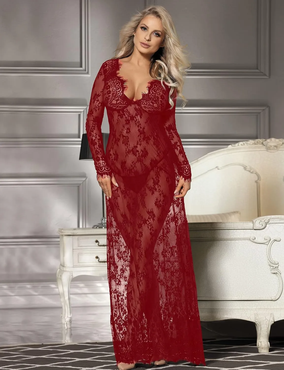 ohyeah Plus Size Long Gown Lingerie Floral Lace Nightgown Lace Maxi Maternity Dress Big Size Long Sleeve Chemise