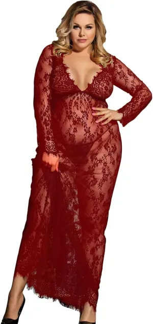 ohyeah Plus Size Long Gown Lingerie Floral Lace Nightgown Lace Maxi Maternity Dress Big Size Long Sleeve Chemise