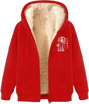 Omen's Casual Full Zip Up Sherpa Lined Hoodie Dandelion Print Oversized Sweatshirt Jackets Loose Pockets Outwear Coat