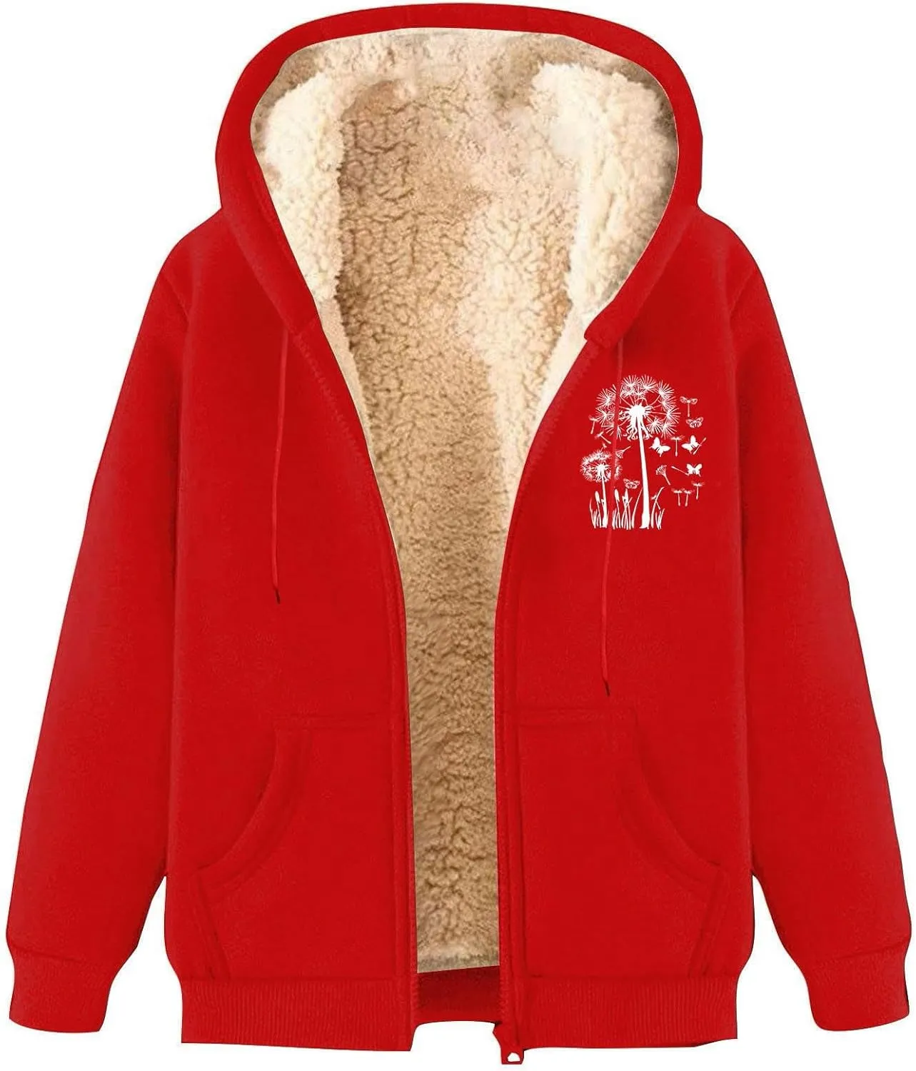Omen's Casual Full Zip Up Sherpa Lined Hoodie Dandelion Print Oversized Sweatshirt Jackets Loose Pockets Outwear Coat