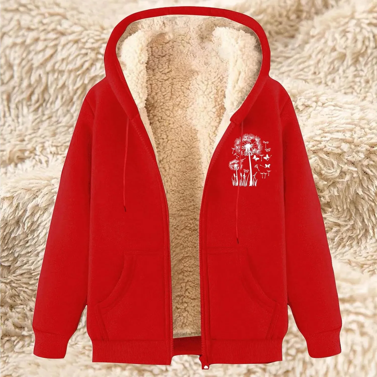 Omen's Casual Full Zip Up Sherpa Lined Hoodie Dandelion Print Oversized Sweatshirt Jackets Loose Pockets Outwear Coat