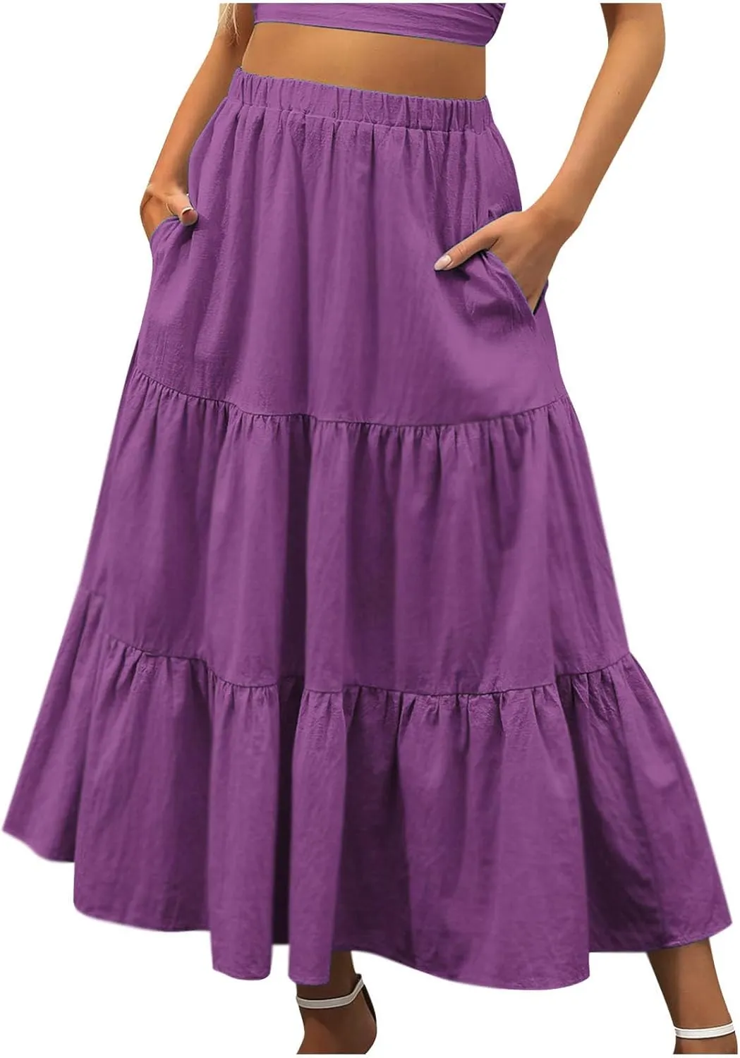 Oplxuo Women's Maxi Skirts Summer 2024 Casual Boho Elastic High Waist Ruffle Flowy Skirt Tiered Long Beach Skirt with Pockets