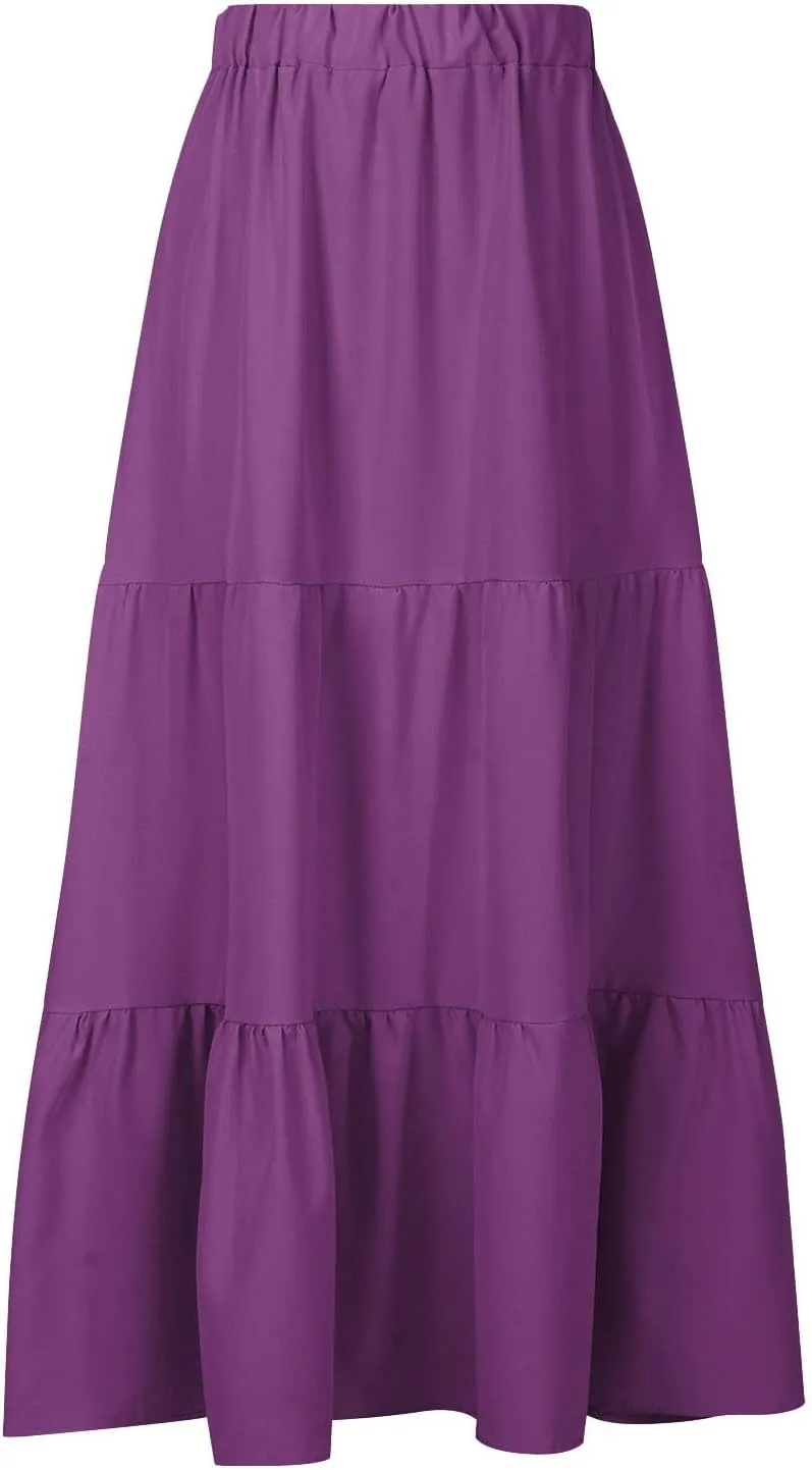 Oplxuo Women's Maxi Skirts Summer 2024 Casual Boho Elastic High Waist Ruffle Flowy Skirt Tiered Long Beach Skirt with Pockets