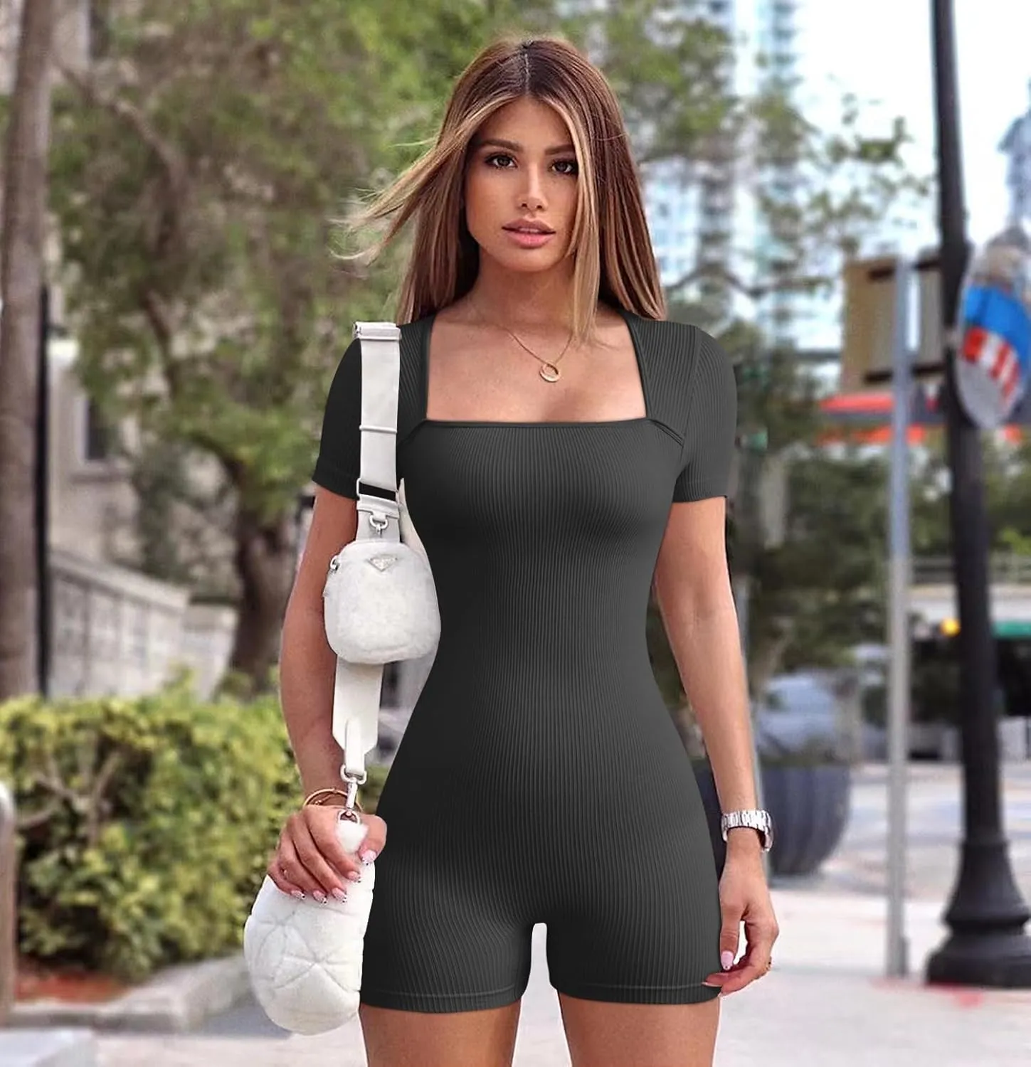 OQQ Women Short Sleeve Rompers Yoga Stretch Square Neck Exercise Rompers
