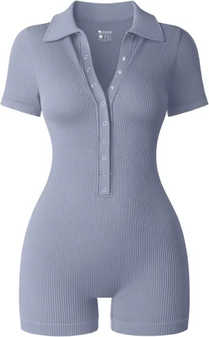 OQQ Women Yoga Rompers Ribbed V Neck Stretch Tummy Control Exercise Rompers