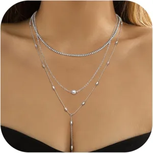 ORAZIO Layered Necklaces for Women,14K Gold Plated/Silver Stacked Necklaces for Women,Dainty Pearl Paper Clip Chain Pendant Choker Necklace Set Cute CZ Stackable Womens Necklaces Trendy Gold Y Necklace Jewelry Set Gift