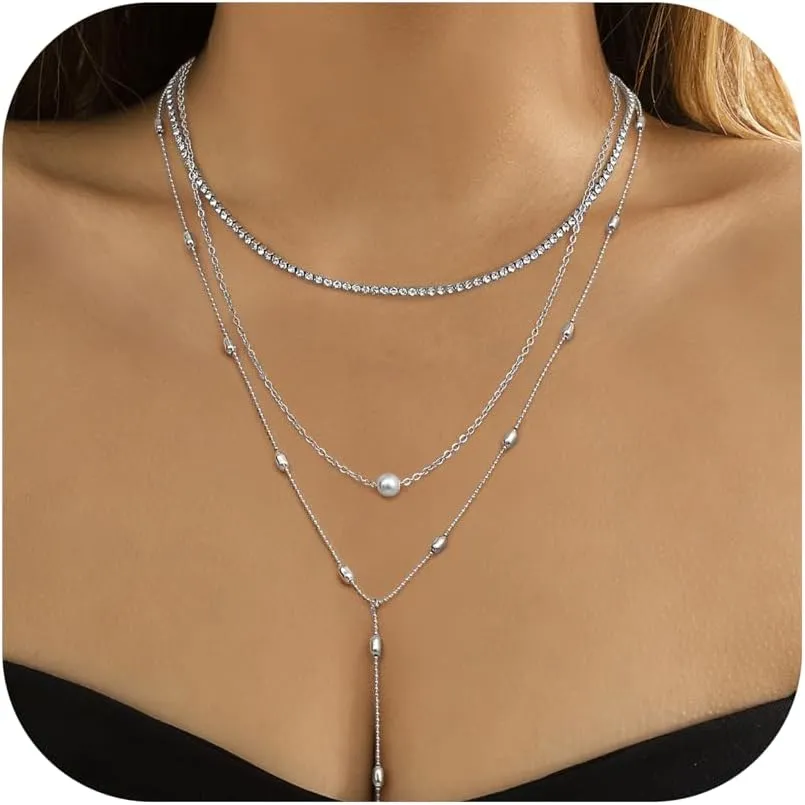 ORAZIO Layered Necklaces for Women,14K Gold Plated/Silver Stacked Necklaces for Women,Dainty Pearl Paper Clip Chain Pendant Choker Necklace Set Cute CZ Stackable Womens Necklaces Trendy Gold Y Necklace Jewelry Set Gift