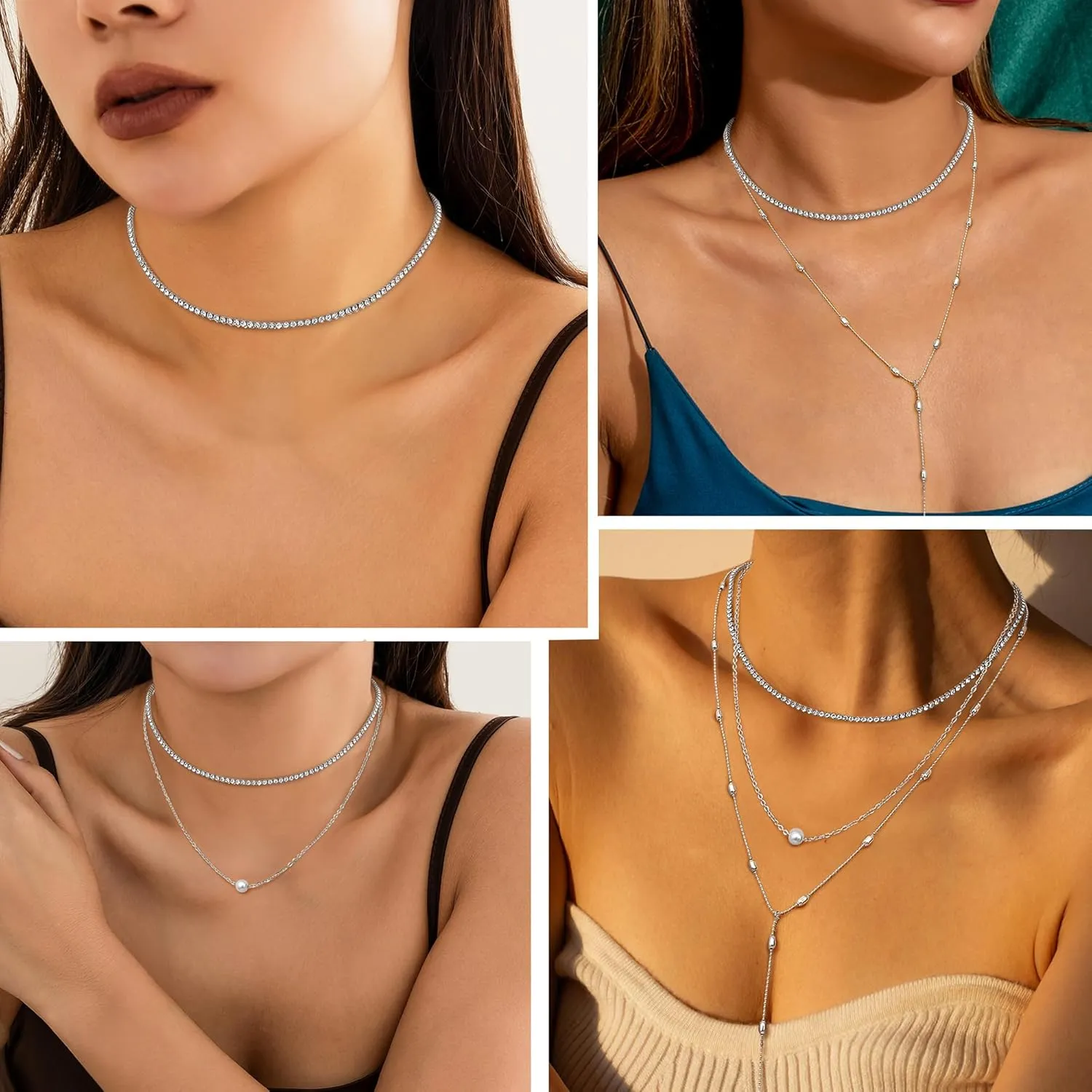 ORAZIO Layered Necklaces for Women,14K Gold Plated/Silver Stacked Necklaces for Women,Dainty Pearl Paper Clip Chain Pendant Choker Necklace Set Cute CZ Stackable Womens Necklaces Trendy Gold Y Necklace Jewelry Set Gift