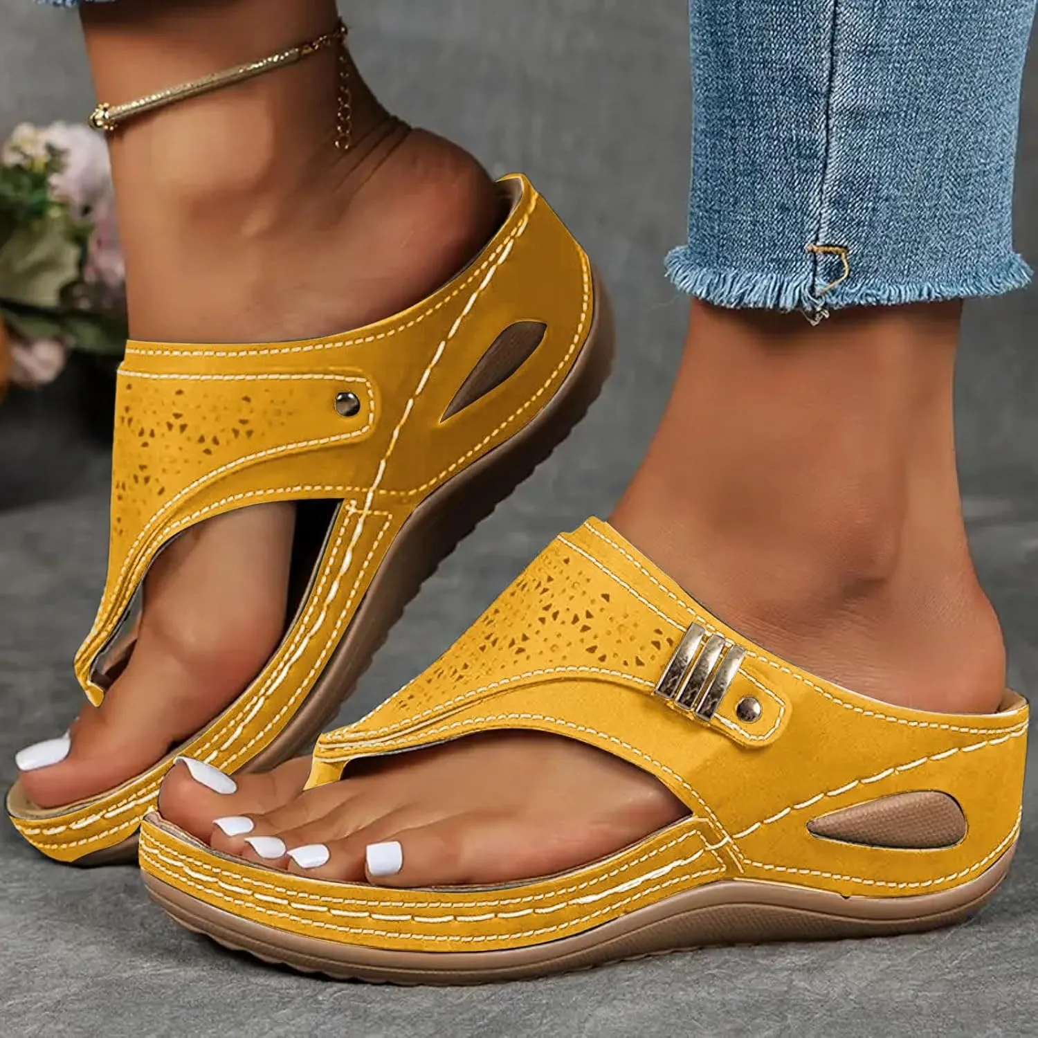 Orthopedic Sandals for Women Arch Support Slip On Flip Flops Comfortable Wedge Walking Thong Sandals Indoor Outdoor