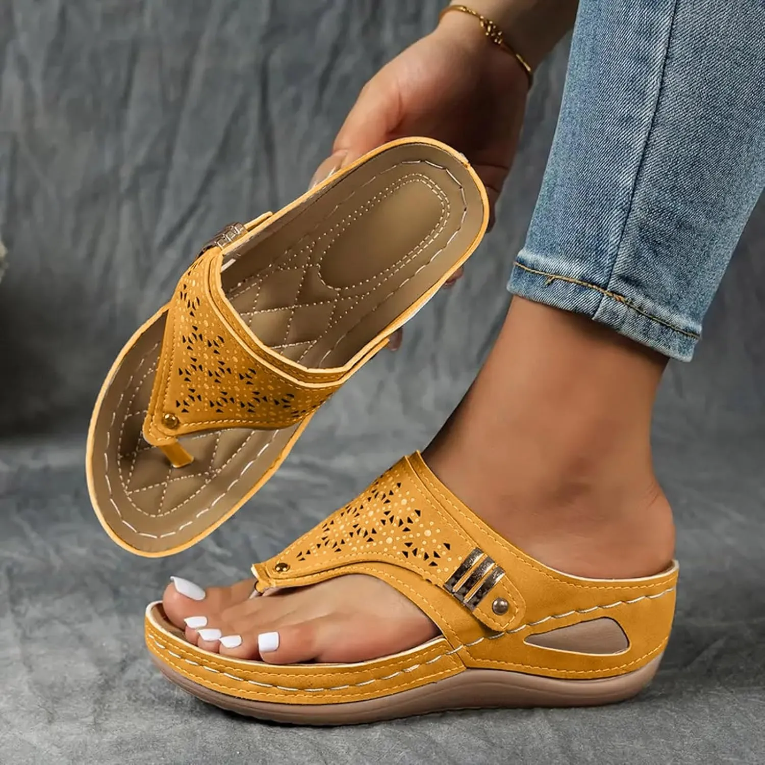 Orthopedic Sandals for Women Arch Support Slip On Flip Flops Comfortable Wedge Walking Thong Sandals Indoor Outdoor