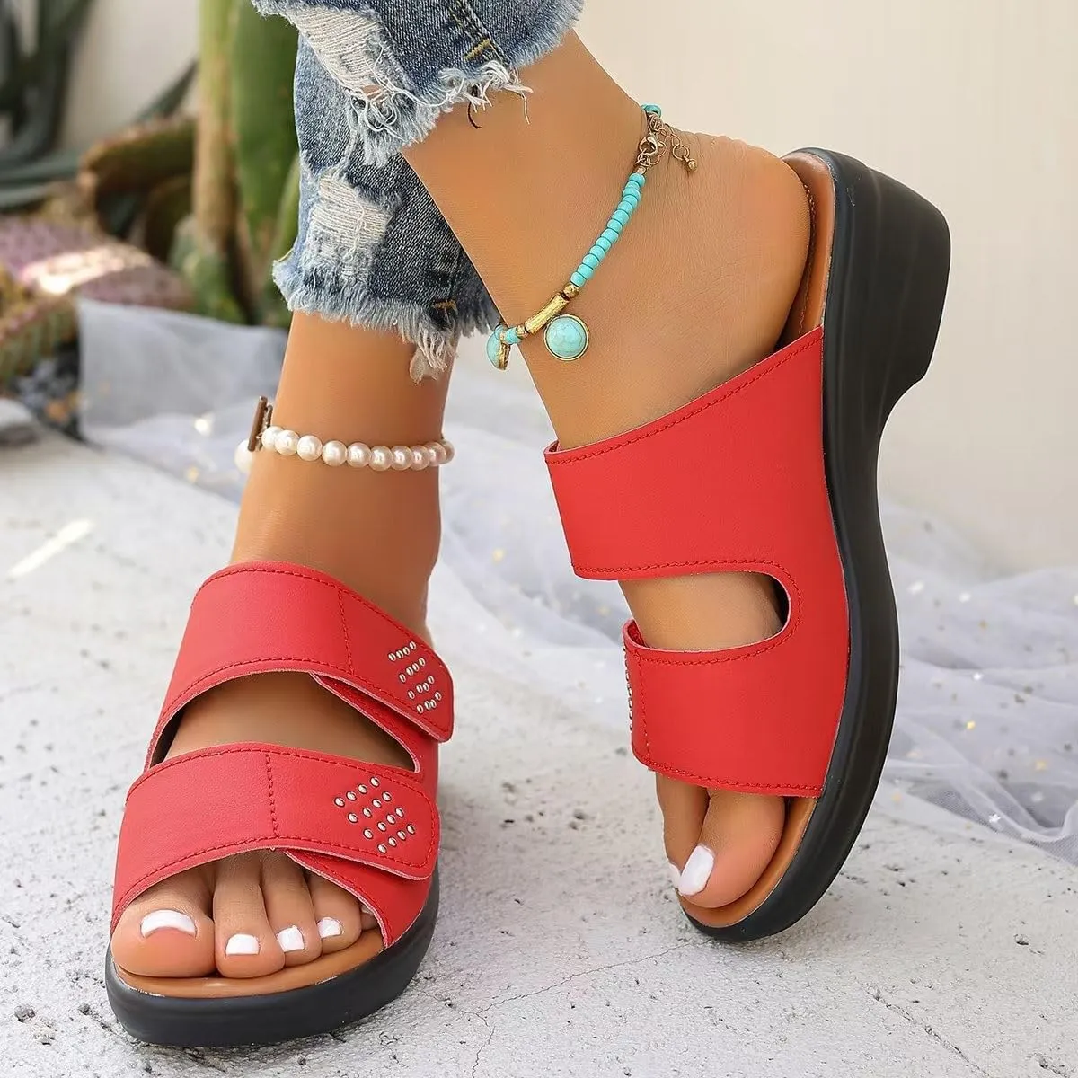 Orthopedic Sandals For Women Arch Support Walking Sandals Two Straps Wedge Sandals Bohemian Comfortable Outdoor Shoes