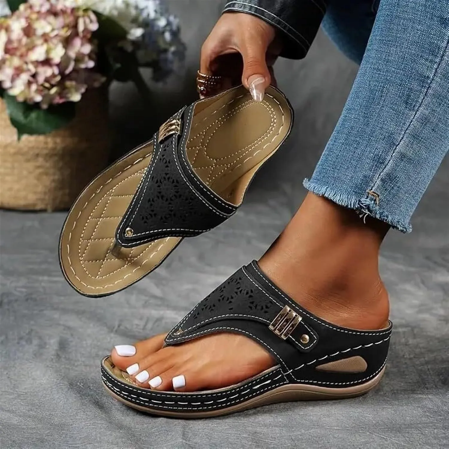 Orthopedic Sandals for Women Breathable Mesh Hollow Sports Sandals Casual Comfort Open Toe Wedge Sandal Orthopedic Flip-Flops Summer Beach Vacation Sandal Non Slip Arch Support Shoes