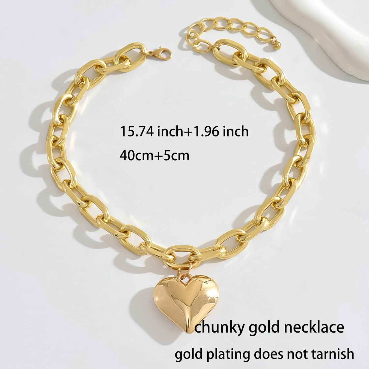 Otxas Chunky Heart Necklace Gold Statement Necklace for Women Big Puffy Heart Necklaces Chunky Chain Jewelry