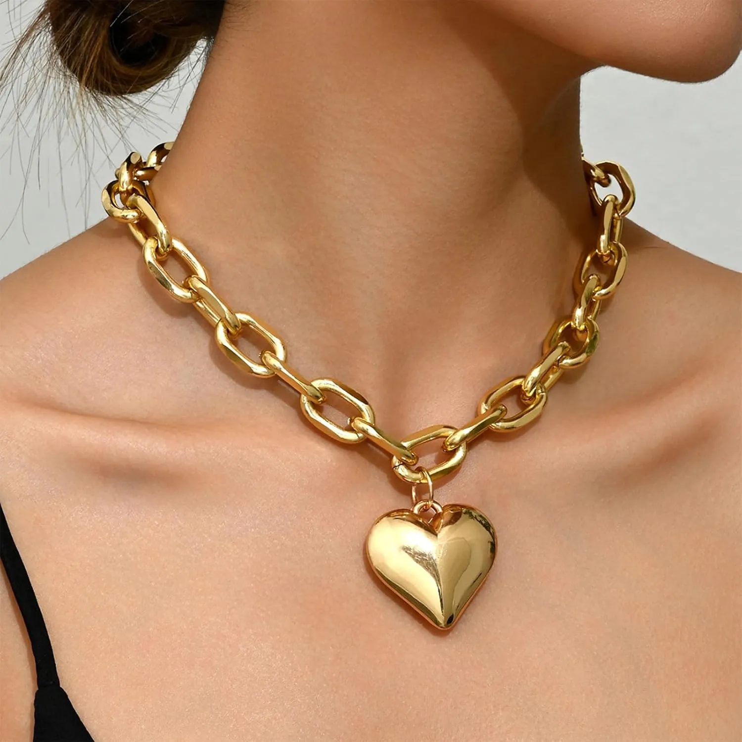 Otxas Chunky Heart Necklace Gold Statement Necklace for Women Big Puffy Heart Necklaces Chunky Chain Jewelry