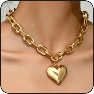 Otxas Chunky Heart Necklace Gold Statement Necklace for Women Big Puffy Heart Necklaces Chunky Chain Jewelry