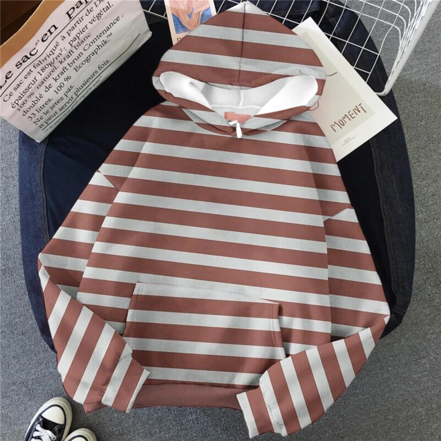 Oversized Striped Hoodies Sweatshirt for Women Trendy Plus Size Sweatshirts with Pockets Casual Loose Pullover Clothe