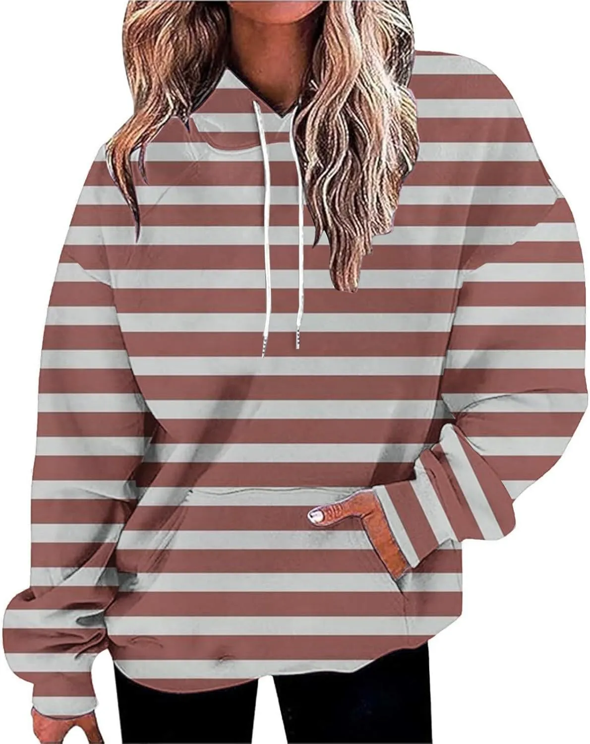 Oversized Striped Hoodies Sweatshirt for Women Trendy Plus Size Sweatshirts with Pockets Casual Loose Pullover Clothe