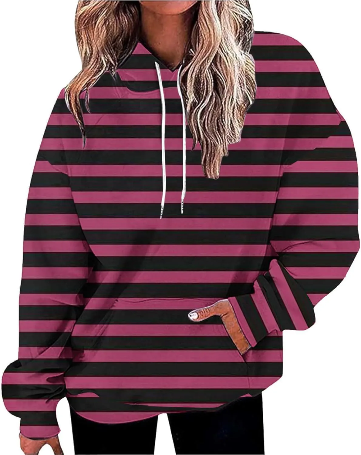 Oversized Striped Hoodies Sweatshirt for Women Trendy Plus Size Sweatshirts with Pockets Casual Loose Pullover Clothe