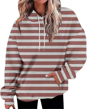 Oversized Striped Hoodies Sweatshirt for Women Trendy Plus Size Sweatshirts with Pockets Casual Loose Pullover Clothe