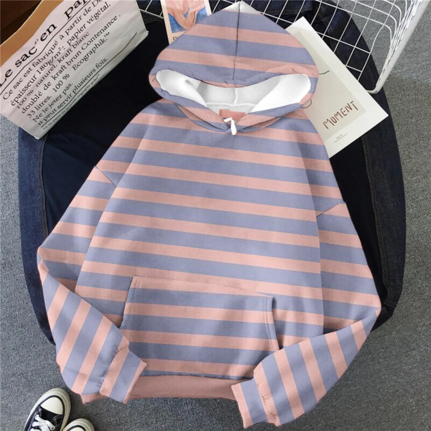 Oversized Striped Hoodies Sweatshirt for Women Trendy Plus Size Sweatshirts with Pockets Casual Loose Pullover Clothe