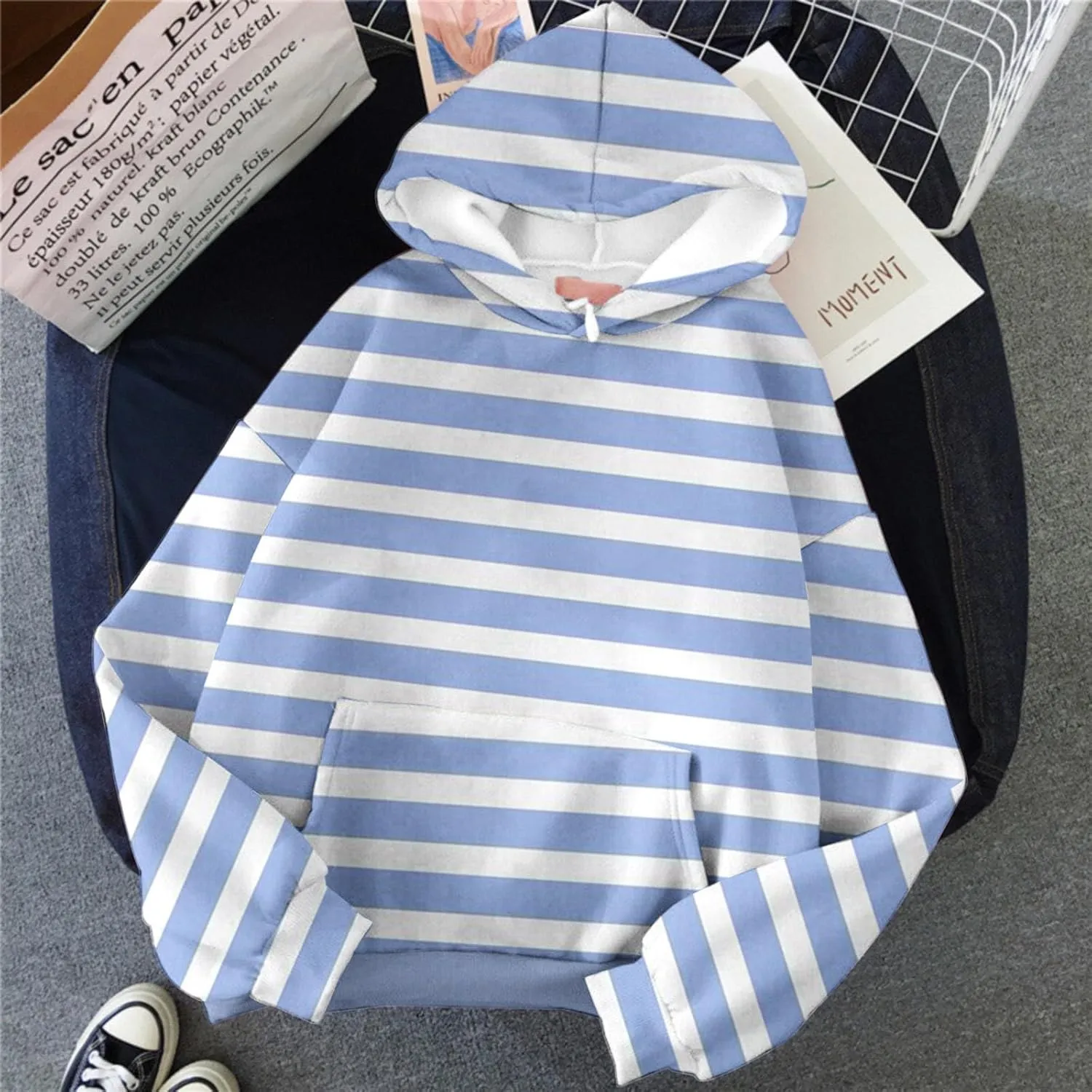 Oversized Striped Hoodies Sweatshirt for Women Trendy Plus Size Sweatshirts with Pockets Casual Loose Pullover Clothe
