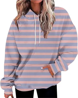 Oversized Striped Hoodies Sweatshirt for Women Trendy Plus Size Sweatshirts with Pockets Casual Loose Pullover Clothe