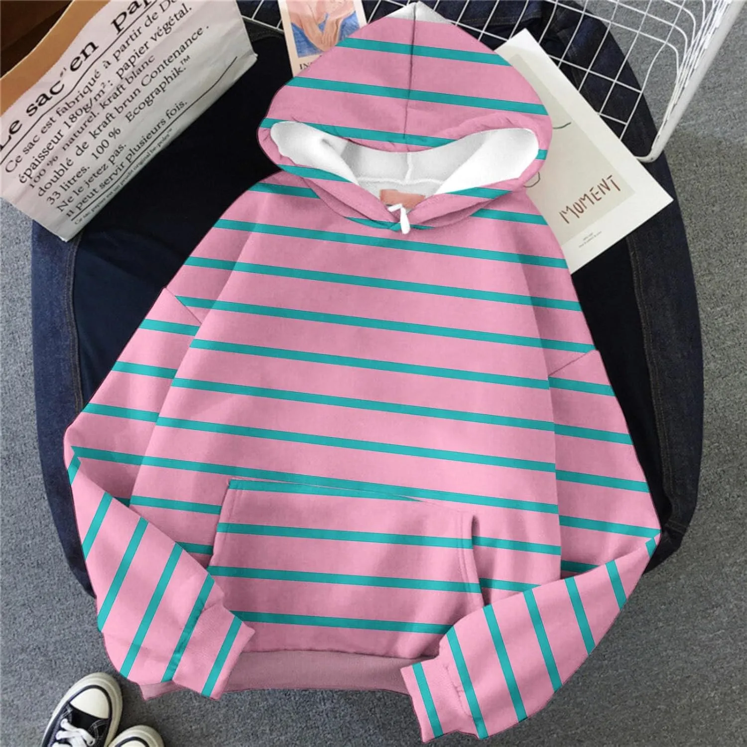 Oversized Striped Hoodies Sweatshirt for Women Trendy Plus Size Sweatshirts with Pockets Casual Loose Pullover Clothe