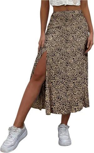 OYOANGLE Women's Leopard Print Side Slit Midi Skirt High Waist Asymmetrical Hem A Line Long Skirts