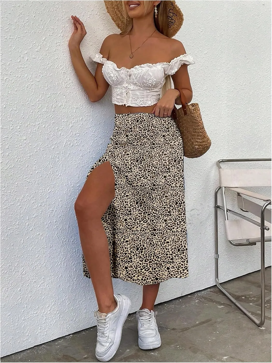 OYOANGLE Women's Leopard Print Side Slit Midi Skirt High Waist Asymmetrical Hem A Line Long Skirts