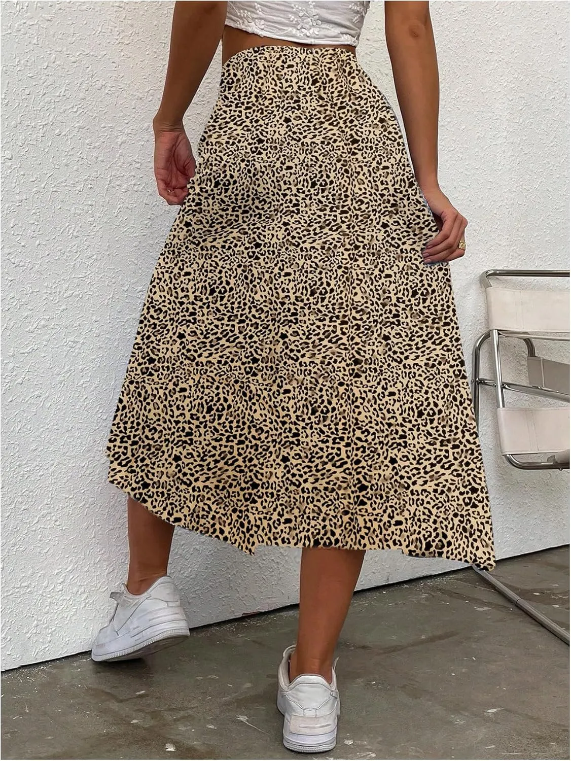 OYOANGLE Women's Leopard Print Side Slit Midi Skirt High Waist Asymmetrical Hem A Line Long Skirts