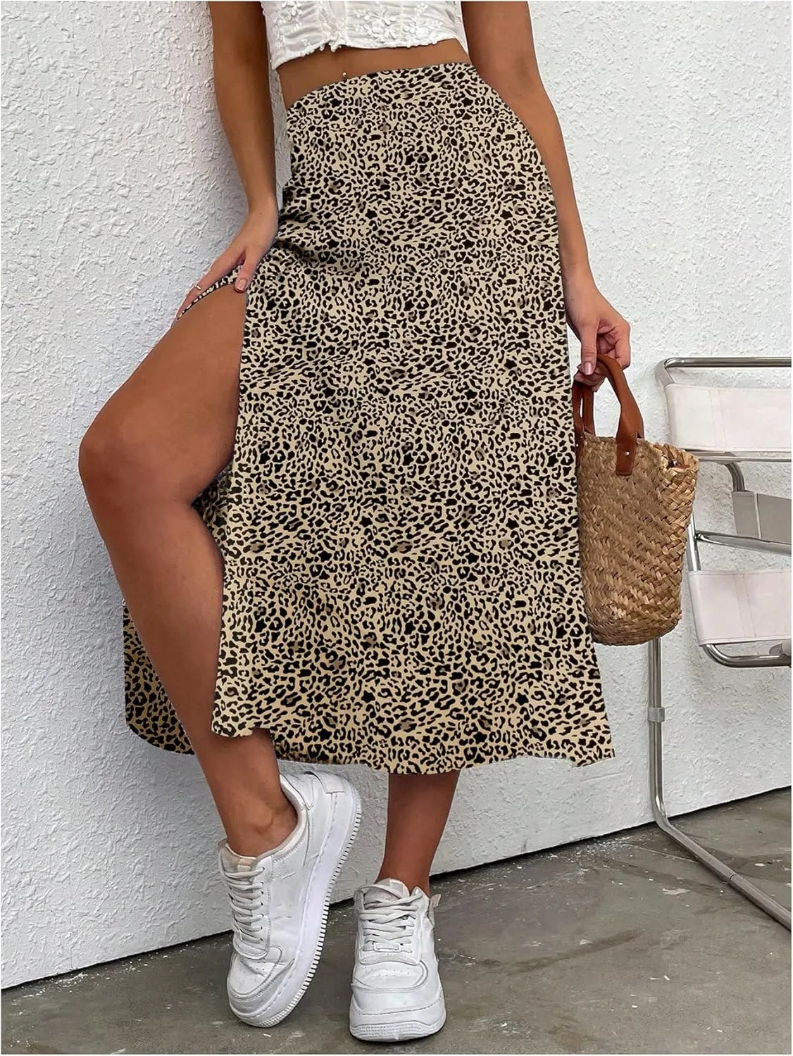 OYOANGLE Women's Leopard Print Side Slit Midi Skirt High Waist Asymmetrical Hem A Line Long Skirts