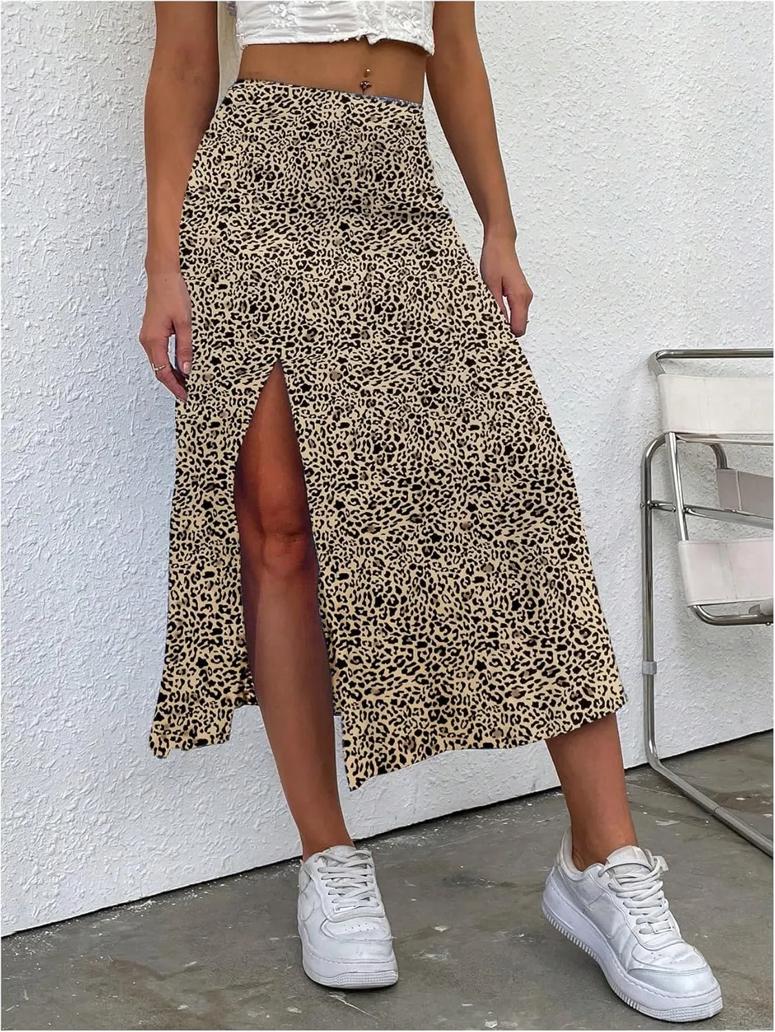 OYOANGLE Women's Leopard Print Side Slit Midi Skirt High Waist Asymmetrical Hem A Line Long Skirts