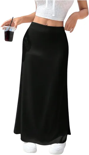OYOANGLE Women's Satin High Waist Skirt Flowy Solid Casual Elegant Maxi Skirts
